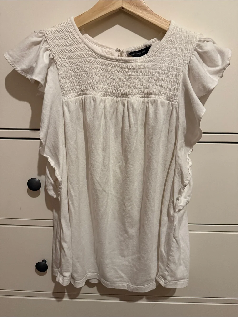 Banana Republic White Smocked Yoke Flutter Sleeve Top